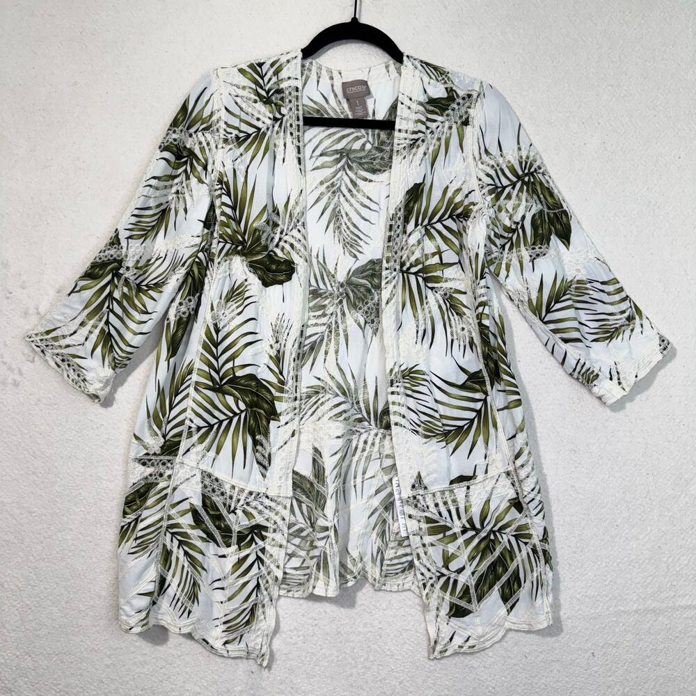 Chico’s palm Tree Drape Open Cardigan White Thread Embroidery Trim Size 1 Medium
